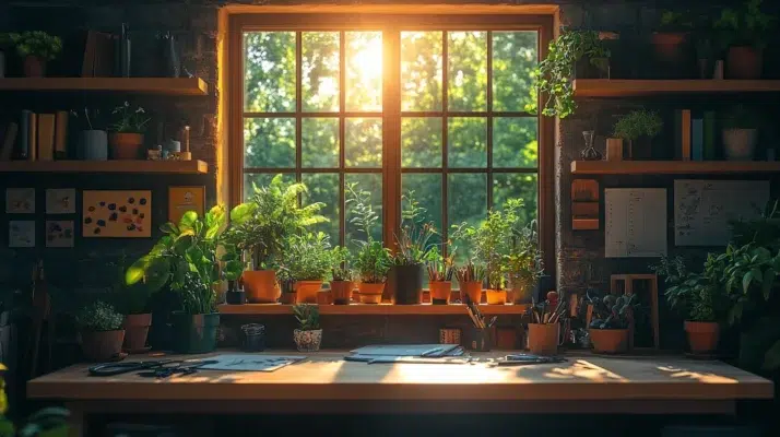 Vinduesplads med grønne planter, værktøj og naturligt lys der skaber en kreativ og inspirerende arbejdsstation