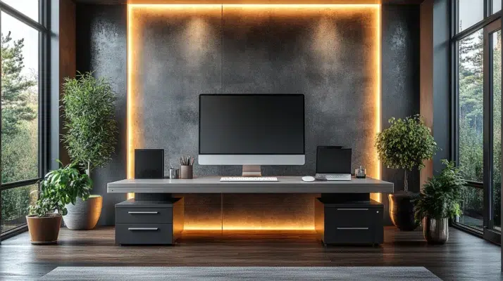 Moderne kontorindretning med minimalistisk skrivebord, computerskærm og grønne planter, oplyst af varm baggrundsbelysning