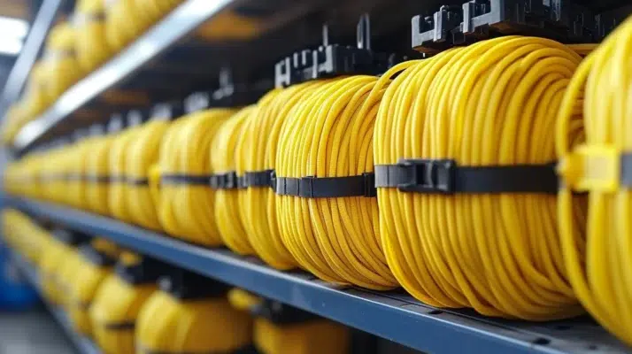 Ruller med gule strips organiseret på hylder i et industrielt miljø, fastgjort med sorte kabelbindere