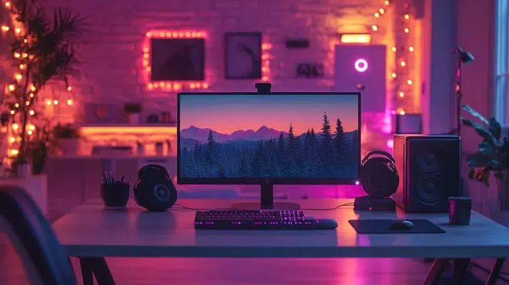 Et moderne skrivebord med en computerskærm og headset i fokus, omgivet af lilla og varme belysningselementer, der skaber en organiseret og inspirerende atmosfære