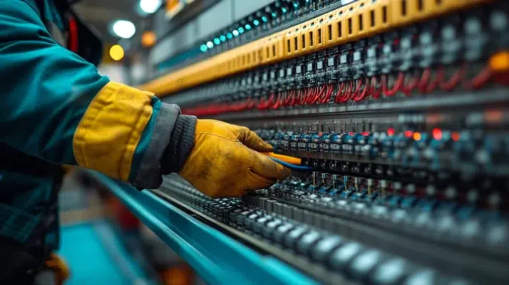 Elektriker med sikkerhedshandsker arbejder på en organiseret elinstallation med strukturerede kabler og lysende kontrolpaneler i et industrielt miljø