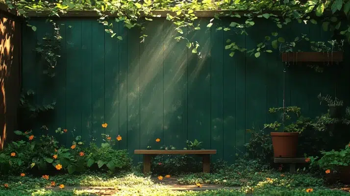 Sollys skinner gennem et grønt hegn i en frodig have med blomster og en enkel træbænk